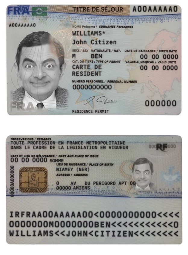 Modèle de permis de séjour (titre de séjour) en France au format PSD, entièrement modifiable, avec toutes les polices (2019 – présent)